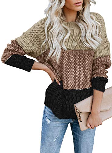 Lovezesent Womens Fashion Crewneck Long Sleeve Color Block Striped Ribbed Knitted Pullover Sweaters Jumper Tops 2020 Khaki Small