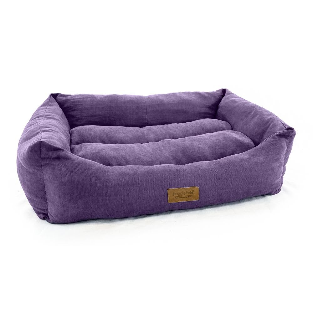 HugglePets Luxury Dog Lounger Bed | Purple | Soft Comfort Rectangular Pet Sofa | Premium Plush Machine Washable Cushion with Raised Sides for Comfort | for All Dog Breeds | Large (95 x 75cm)