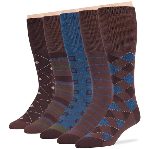 7BIGSTARS KINGDOM Men's Diabetic Fashion Non-Binding Cotton Dress Mid Calf Socks - 5 Pack Big Tall - Geometric, Argyle, Stripe - Sock Size 13-15 Shoe Size 12-15 XL Brown, Denim Blue