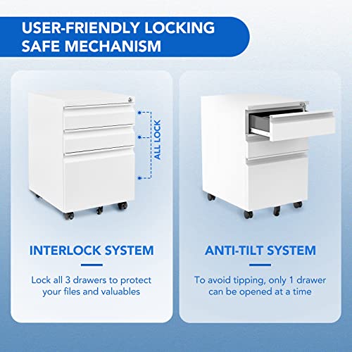 FLEXISPOT 3 Drawer Mobile File Cabinet for Home Office Under Desk Storage, Filing Cabinet with Lock Keys, File Organizer Cabinet for Legal/Letter/A4 File, White - Image 5