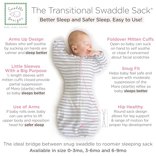 Image of SwaddleDesigns Transitional Swaddle Sack, Arms Up Half-Length Sleeves & Mitten Cuffs, Swaddle for Newborn Transition to Baby Sleep Sack Wearable Blanket, 6-9 Month, 21-24 lb, Heathered Gray Stripes
