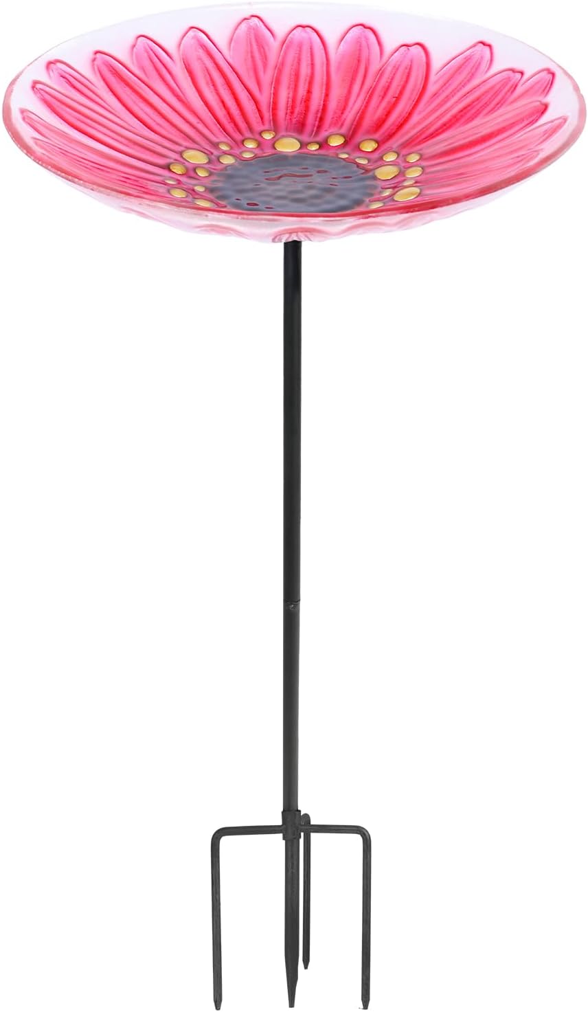 MUMTOP Glass Bird Bath, Garden Outdoor Birdbaths Birdfeeder with Metal Stake Pink Flower