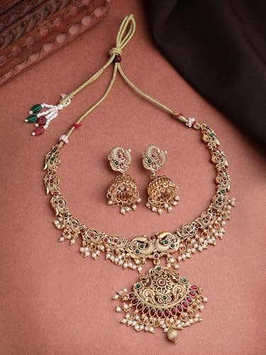 Image of Shining Diva Fashion Stylish Fancy Pearl Choker Traditional Jewellery Set for Women | Temple Necklace Set | Festive Wedding Party Necklace | 22k Gold Plated | Just Like Original Gold Jewellery