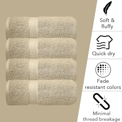 Image of Sulfar 100% Combed Cotton, Quick Drying Highly Absorbent Thick Bathroom Towels, Luxury Bath Towel Set (Pack of 4, 70 X 140 cm) - 600 GSM (Beige)