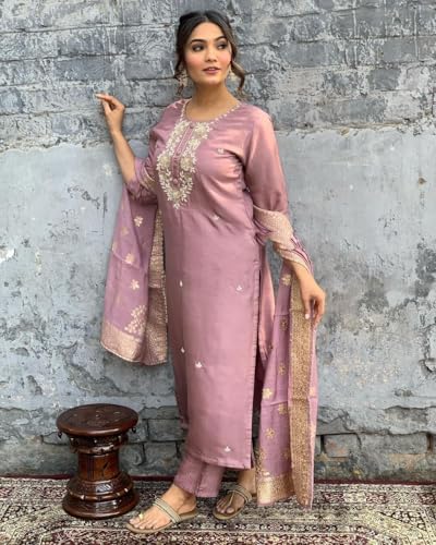 Image of Shiv Textiles Women's Chanderi Silk Embroidered Kurta Pant Dupatta Set(JDA-Vanni-Onion-M)