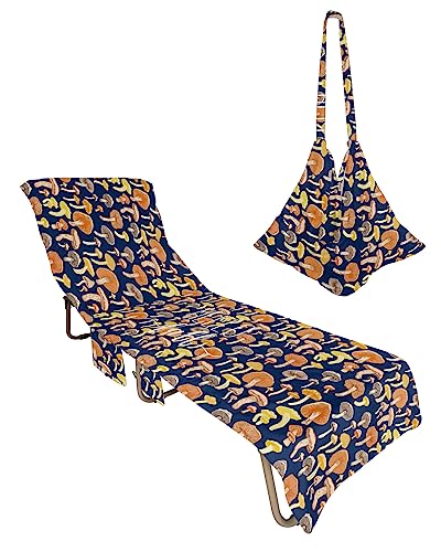 Mushroom Beach Pool Patio Lounge Chaise Chair Cover Towel With Pockets,Absorbent&Quick Dry Microfiber Towel Cover Bag Summer Travel Accessories for Sunbathing Hello Fall Rural Wild Plants Blue Texture