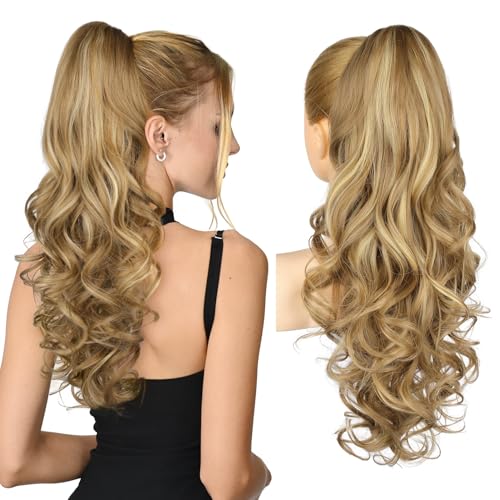 REECHO Ponytail Extension, 26 Inch Drawstring Ponytail Extension Long Curly Wavy Pony Tails Hair Extensions Synthetic Clip in Ponytail Hairpiece for Women, Medium Blonde with Blonde Highlights
