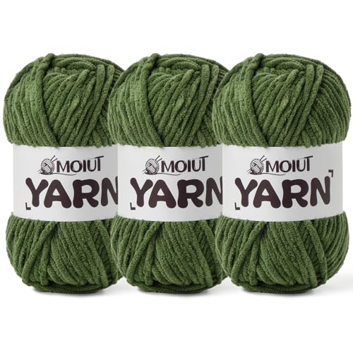 Image of 3 Pack Fluffy Chenille Yarn for Crocheting, Chunky Velvet Yarns for Crochet Amigurumi, Baby Yarn for Crocheting Soft Blanket, 262.4yds /10.5 oz Bulky Yarns for Crafts /Hats /Shoes /Socks (3 Army Green)