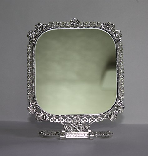 SEHAMANO Vintage Foldable Embossed Roses & Small Hearts Pattern Makeup Table Mirror, Decorative Square Shaped Mirror, Antique Vanity Cosmetic Double Sided Metal Frame Mirror (Shiny Silver)