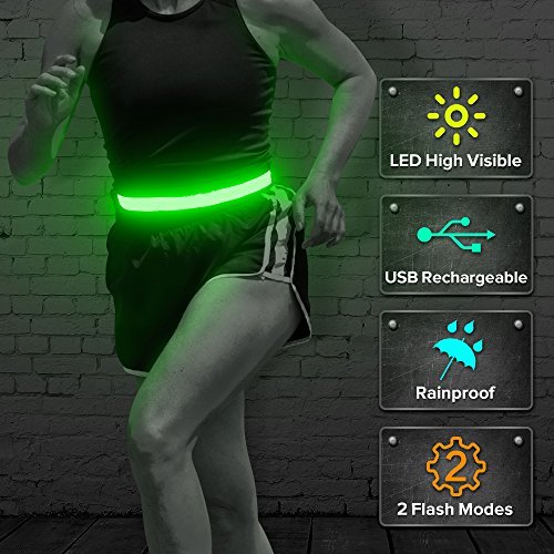 BSEEN LED Running Waist Belt - USB Rechargeable Reflective Glowing LED Waistband, Flashing Safety Light Belt for Runners, Joggers, Walkers, Pet Owners, Cyclists (Green)