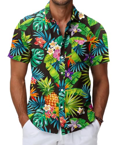 HMIYA Herren Hawaii Hemd Männer 100% Baumwolle Unisex Kurzarm Vordertasche Button Down Sommer Freizeit Urlaub Strand