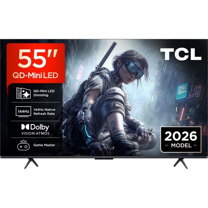TCL 55T8D 55 cali QLED z QD-Mini LED Ściemnianie 4K HDR Ultra HD TV, Smart Google TV (Dolby Vision, HDR10+ & Atmos, 144 Hz VRR, FreeSync Premium, Game Master, sterowanie głosowe)