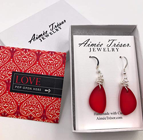 Gorgeous Sunset Love Red Recycled Sea Glass Earrings with Handmade Silver Knot on Sterling Silver Hooks, Beautfiul Gift, by Aimee Tresor Jewelry4