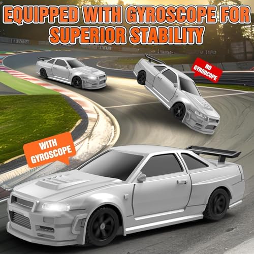 Image of RC Drift Car, 1:43 Scale Full Proportional RC Electric Mini Racing Drift Car Model with Lights Kit, RC Model Cars Gifts for Adults (RTR Version) (Gyroscope RTR Version,Silver)