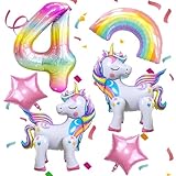 6PCS Self Standing Unicorn Balloons, Self Standing Unicorn, Large Rainbow, Colorful Number 4, Star Balloons for Girl Purple Pink Theme 4th Party Decorations Supplies.(4th)