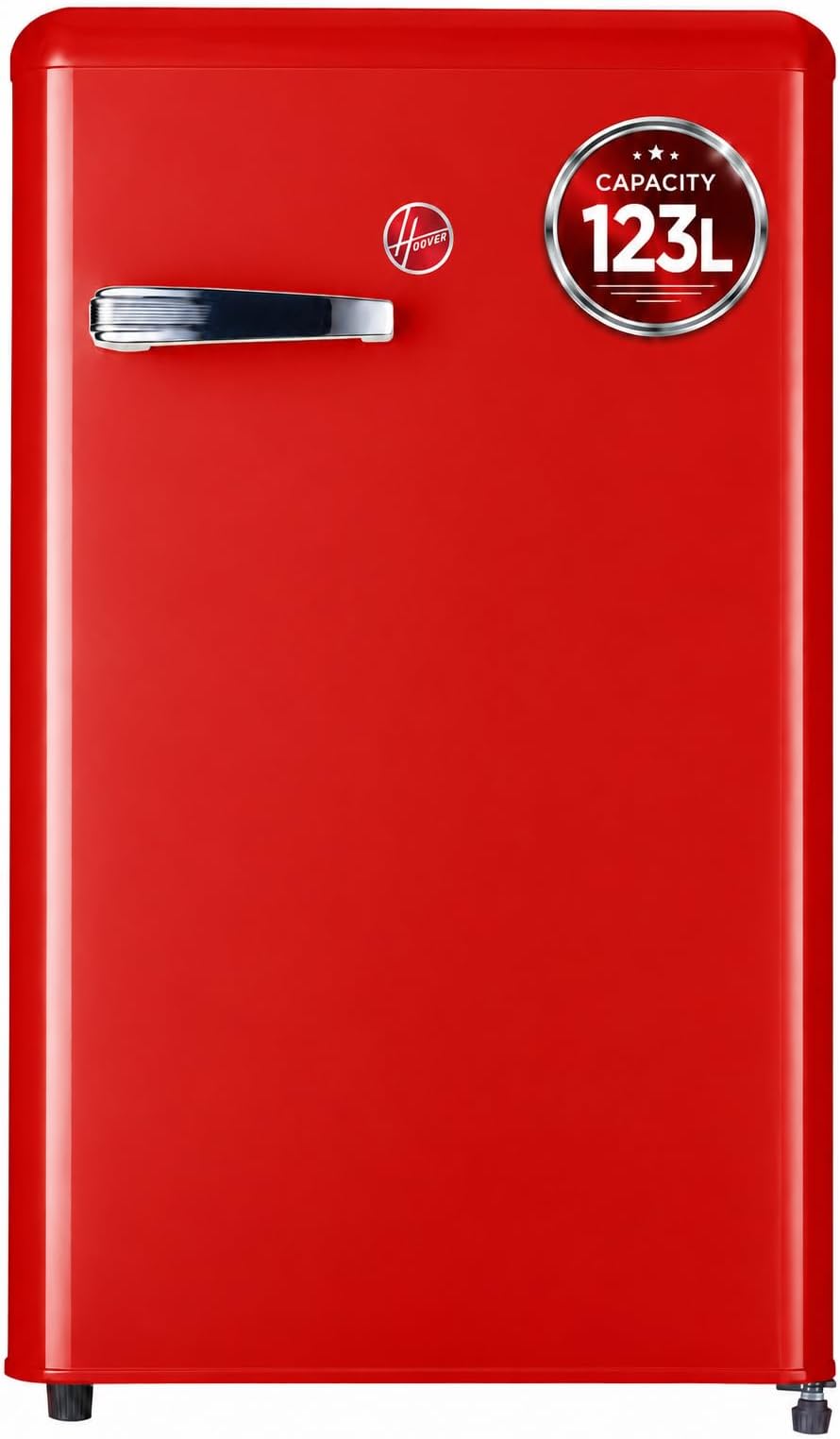 123L Retro Style Single Door Refrigerator, Compact Free Standing Fridge with Freezer, Tempered Glass Shelves, Adjustable Thermostat, Eco-Friendly, 1 Year Warranty, Red- HSD-K123R
