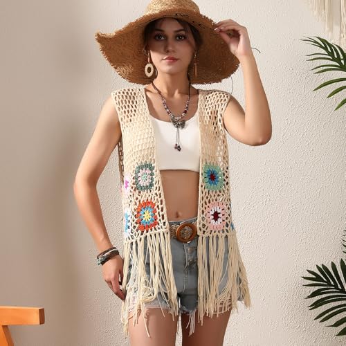 Women's Floral Crochet Hollow Out Sleeveless Fringe Boho Retro-Look Handmade Cardigan Vest Tassels2