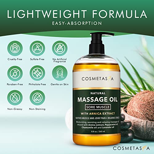 Cosmetasa Sore Muscle Massage Oil with Deep Tissue Massager - Thumb Saver and Oil Soothes Muscle and Joint Pain with Arnica Extract, Peppermint, Chamomile, and Lavender Oil 8.8 Fl Oz