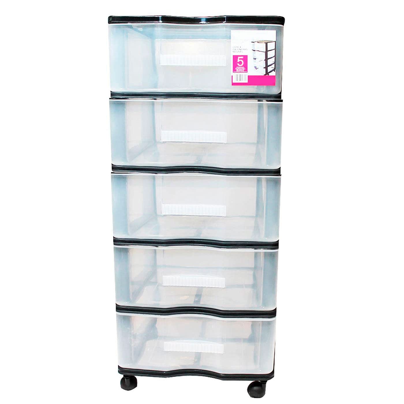 Tradineur - Cajoneras de plástico negro 5 cajones con ruedas 85 x 38 x 39 cm