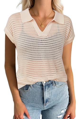 Image of Arach&Cloz 2025 Women's Crochet Cap Sleeve Knit Tops Spring Summer Shirts Lightweight Collared Hollow Out Casual Blouses