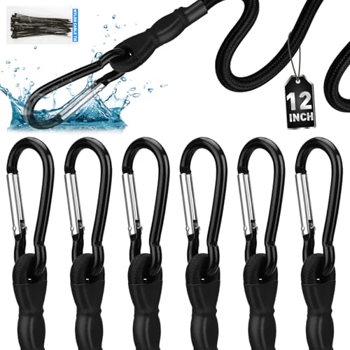 6 Piece 12 Inch Carabiner Bungee Cords with Hooks Heavy Duty Outdoor Bungee Cords with Carabiner Hooks 6 Nylon Cable Ties UV & Weather Resistant