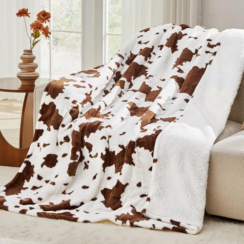 Cow Print Blanket,Sherpa Fleece Throw Blanket Highland Cow Print Stuff Western Decor Gifts for Women Mom Girls Grandma Dad, Soft Winter Warm Blankets for Cozy Home Decor,Couch,Bed,50x60 Inches