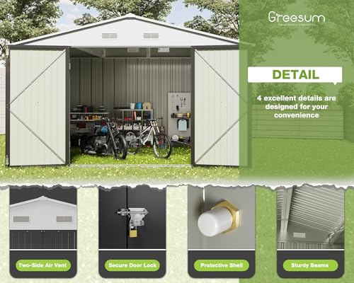 Image of Greesum 10x10FT Outdoor Storage Shed, Utility Tool Shed Metal Storage Shed with Door & Lock for Patio Storage, Garden, Lawn, Gray
