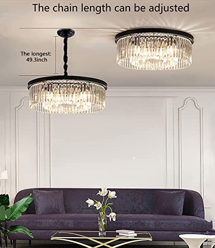 Elgobst Black Modern Crystal Chandelier Lighting Semi Flush Mount Ceiling Light Fixture 2-Tier K9 Crystal Hanging Pendant Light For Dining Room Kitchen Island Living Room Bedroom Hallway 21.6Inch #TOP3