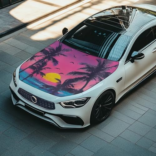 Image of Car Hood Cover Polyester Elastic Fabrics Sunset Palm Trees Car Hood Cover for Leaves Suitable for Auto Car Truck, Van, SUV, Pickup, Car Accessories