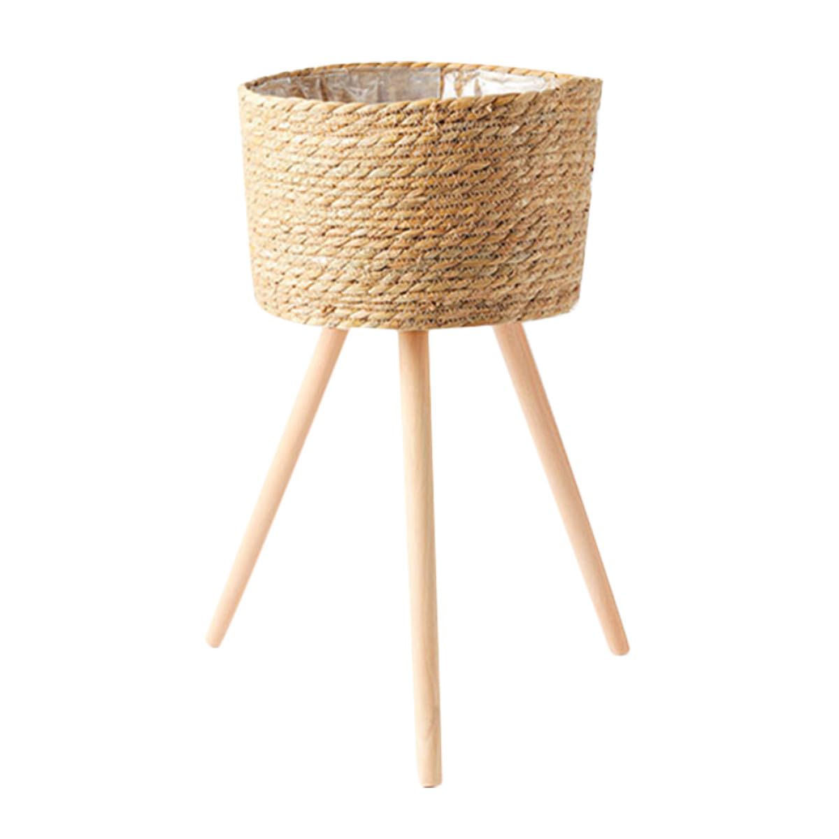 Support de pot de fleurs en bois marron et panier en herbe étagère à plantes gain de place