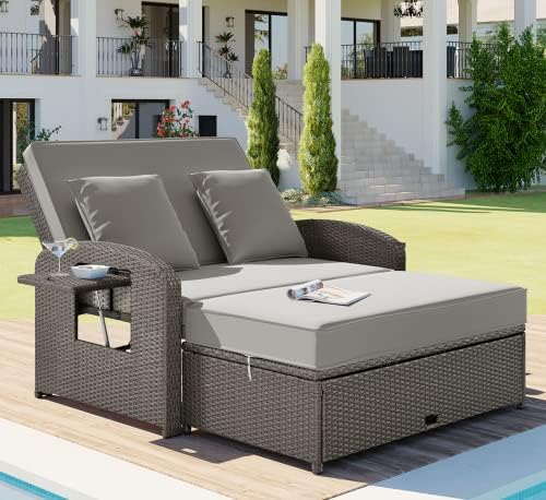 Lin-Utrend Double Chaise Lounge Outdoor, Rattan PE Wicker Patio Double Reclining Chair, 2-Person Sunbed with 3 Adjustable Backrest with Furniture Protection Cover and Cup Tray,Gray