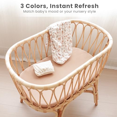 Image of Konssy 3 Pack Stretchy Bassinet Sheets for Baby Girl Boy, Soft Breathable Baby Bassinet Mattress Sheets Fit for Hourglass Oval Cradle, Moses Basket Rectangle Mattress (Flourish)