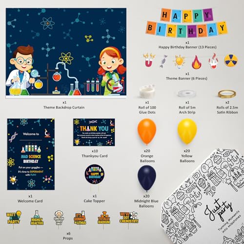 Image of Just Party Science Theme Party Decoration - 100 pcs Happy Birthday Decoration Kit for Kids | Science Theme Birthday Decoration Items for Boys & Girls | Includes Balloons,Backdrop Curtain,Props,Banners