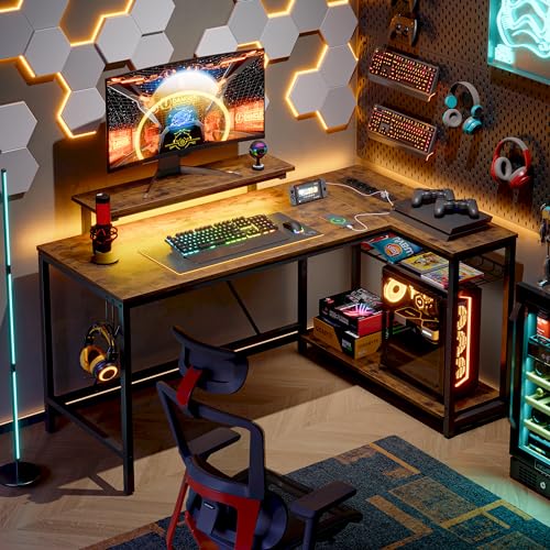 Bestier L-Shaped Corner Desk with Sockets and LED Lighting, Reversible Computer Table with Shelves and Hooks, Compact Desk for Home Office (Wood Grain Brown, 52 inches) - Afbeelding 5