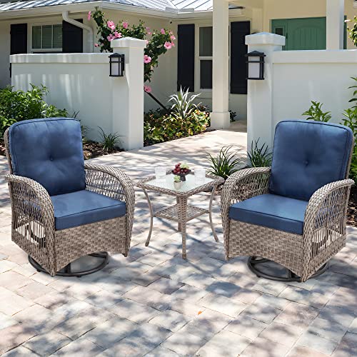 Joyside Outdoor Swivel Rocker Patio Chairs Set Of 2 And Matching Side Table - 3 Piece Wicker Patio Bistro Set With Premium Fabric Cushions, Blue #TOP1