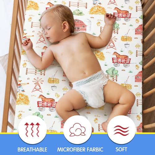 Image of Mindsoft 2 Pcs Farm Animal Crib Sheet Set 52 x 28 x 8 Inches Fit for Standard Crib Toddler Mattress Newborn Gifts for Girl Boys, Breathable Soft Baby Sheet