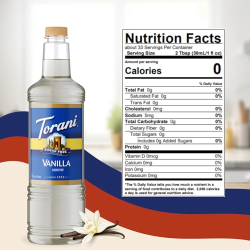 Image of Torani Sugar Free Vanilla Syrup 1 Liter Bottle with Pump Dispenser - Zero Calorie Flavored Coffee Syrup for Lattes, Cold Brews, Teas, Cocktails & Desserts