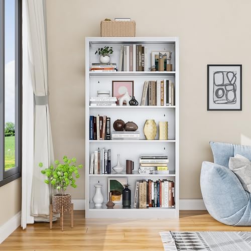 Image of VASAAOSD 66 inch Tall Metal Bookcase, 5 Shelf White Bookcase with Adjustable Shelves, Large Bookshelves and Bookcases, Modern Book Shelf Storage Organizer for Living Room, Home Office, Library