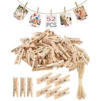 Pack of 52 Wooden Mini Pegs, 3 cm Natural Wooden Clothes Pegs with 10 m Jute Twine, for Photos, Photo Wall, Postcards, Letters