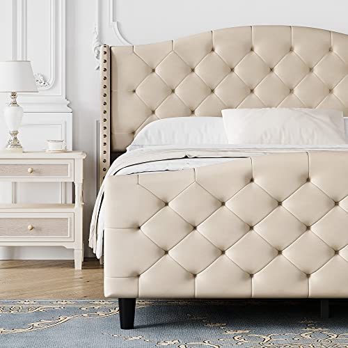 Idealhouse Modern Upholstered Queen Bed Frame,Button Tufted Headboard And Footboard Design Solid Wooden Slat Support Easy Assembly,Beige (Queen) #TOP3