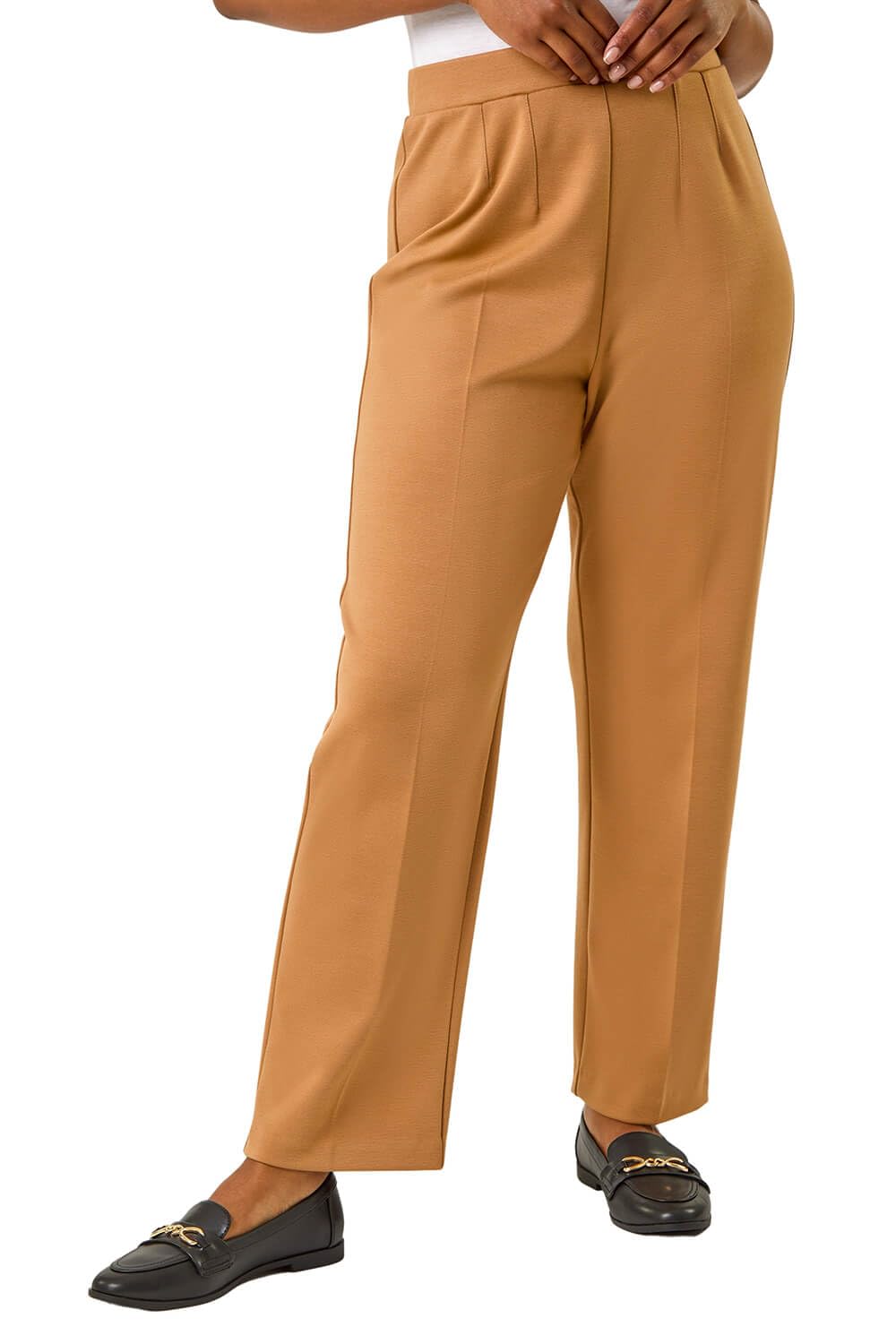 Roman Petite Straight Leg Ponte Stretch Trouser for Women UK - Ladies Everyday Autumn Winter Comfy Soft Evening Vacation Work Party Night Out - Petite Camel - Size 14