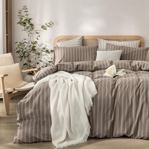 Image of BESTOUCH Striped Cotton Duvet Cover Set Linen Feel Twin | 100% Washed Cotton, Soft Wrinkle Texture, Hidden Zipper, 8 Ties, Breathable Lightweight Durable Comfy, 2 Pcs No Insert