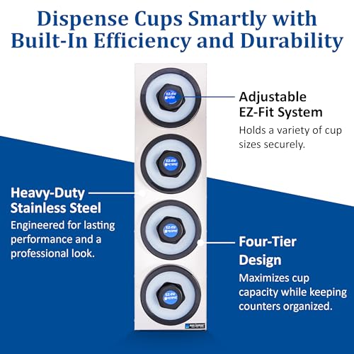 Image of San Jamar Ez-Fit Cup Dispenser Cabinet with 4 Tiers for Restaurants, Dining Halls, and Fast Food, Stainless Steel, 33.25 x 10.75 x 27 Inches, Silver