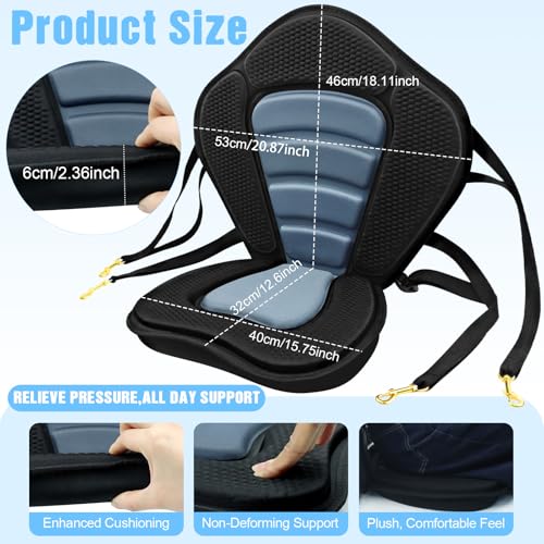 Image of Kayak Seat Deluxe Padded Fishing Boat Seat Deluxe Sit-On-Top Canoe Seat Cushioned - Comfortable Backrest Support Universal Sit with Adjustable Back Strap Detachable Storage Bag