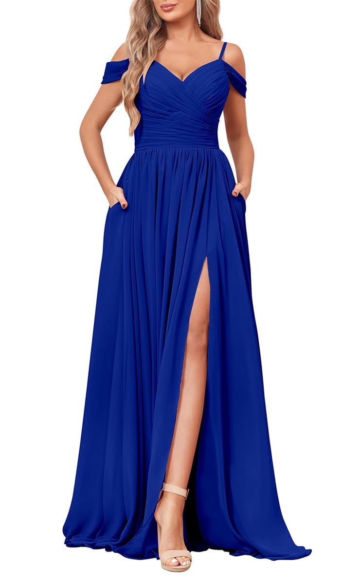 YIANN Bridesmaid Dresses Long Spaghetti Strap Chiffon Royal Blue Maid of Honor Evening Dress Formal Gown with Pockets UK20