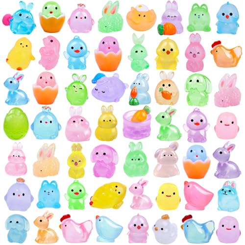 60Pcs Easter Luminous Mini Resin Figurines Miniature Figurines Tiny Small Easter Glow in The Dark Little Bunnies Chicken for Dollhouse Eggs Fillers Landscape Micro Garden Decoration Party Favors