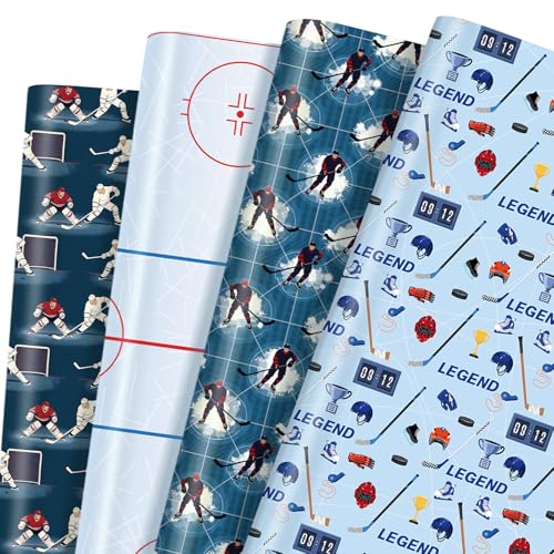 Pineraap Ice Hockey Wrapping Paper 12 Sheets Ice Sport Themed Gift Wrap with Players Equipment and Rink Designs for Hockey Fans 2028
