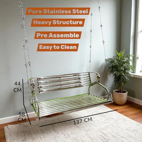 Image of Kaushalendra Stainless Steel Hanging Swing for Indoor Outdoor Balcony | 107 cm 350kg Capacity 2 Adults, Pre Assembled, Includes Springs & Hooks