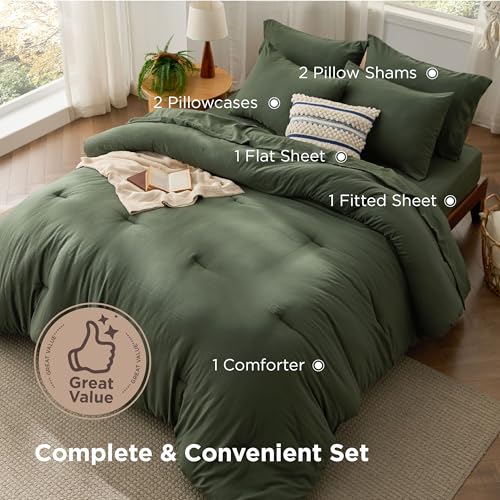 Image of Bedsure Dark Green Bed Set Queen Size, Soft Bed in a Bag 7 Pieces, Alternative Comforter Set for All Seasons, Breathable Marshmallow Prewashed Bedding Set with Comforters, Sheets, Pillowcases & Shams