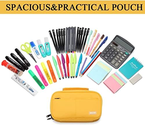 VASCHY Pencil Case, Large Pencil Pouch with Multi-compartments for School, Work, Office Portable Pencil Cases for Adults, Girls and Boys with Top Handle Zippered Stationary Organiser, Yellow